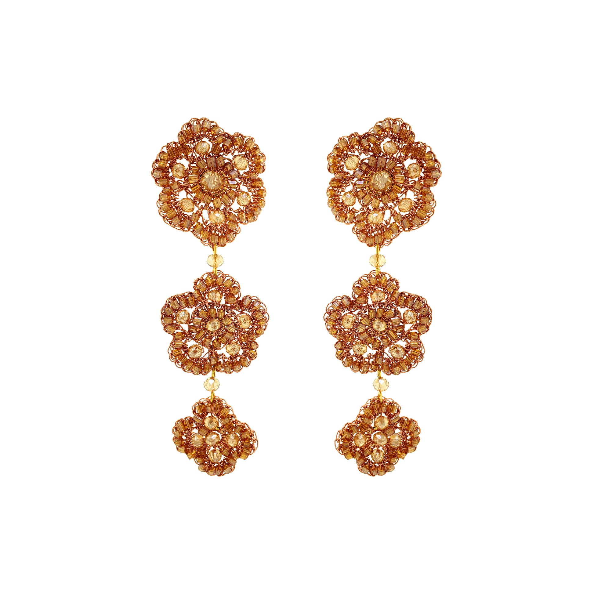 Flower-Triple-Drop-Bronze-Amber-Gold-Poppy-trio-Cascade-Handmade-Crochet-Earrings-18k-gold-filled-wire-hypoallergenic-lightweight-statement-soul-collection