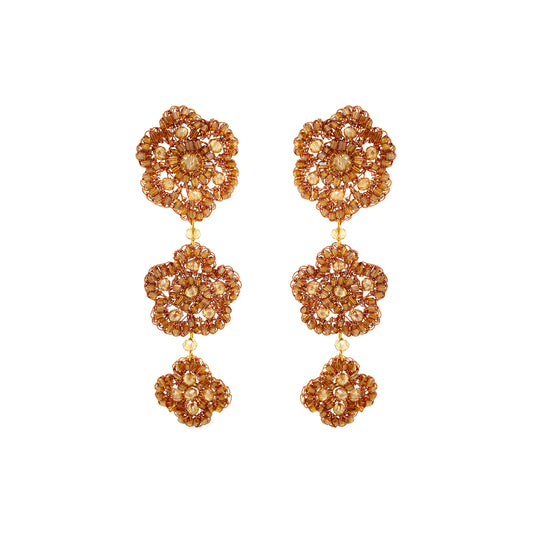 Flower-Triple-Drop-Bronze-Amber-Gold-Poppy-trio-Cascade-Handmade-Crochet-Earrings-18k-gold-filled-wire-hypoallergenic-lightweight-statement-soul-collection