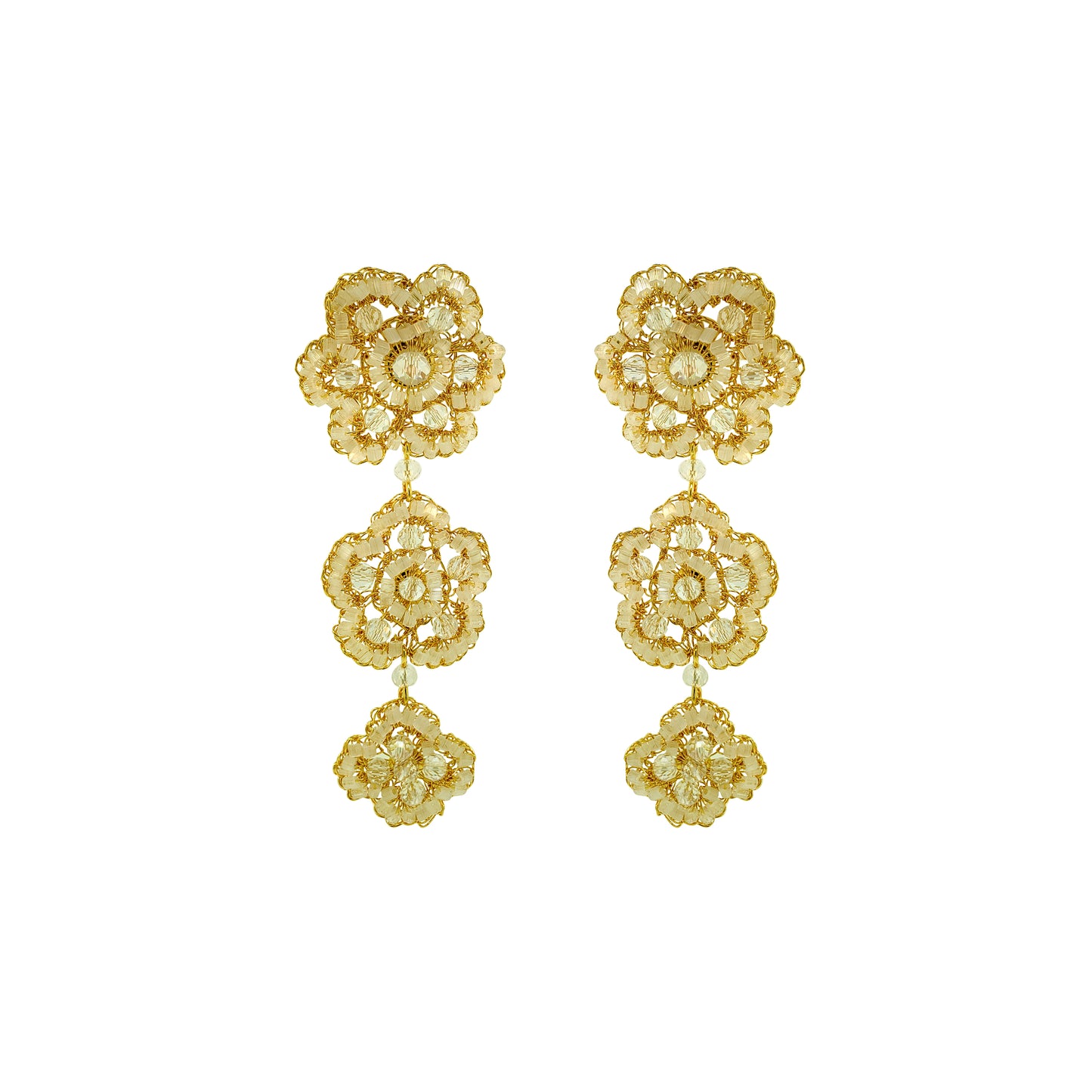 Flower-Triple-Drop-Cream-White-Gold-Poppy-trio-Cascade-Handmade-Crochet-Earrings-18k-gold-filled-wire-hypoallergenic-lightweight-statement-soul-collection
