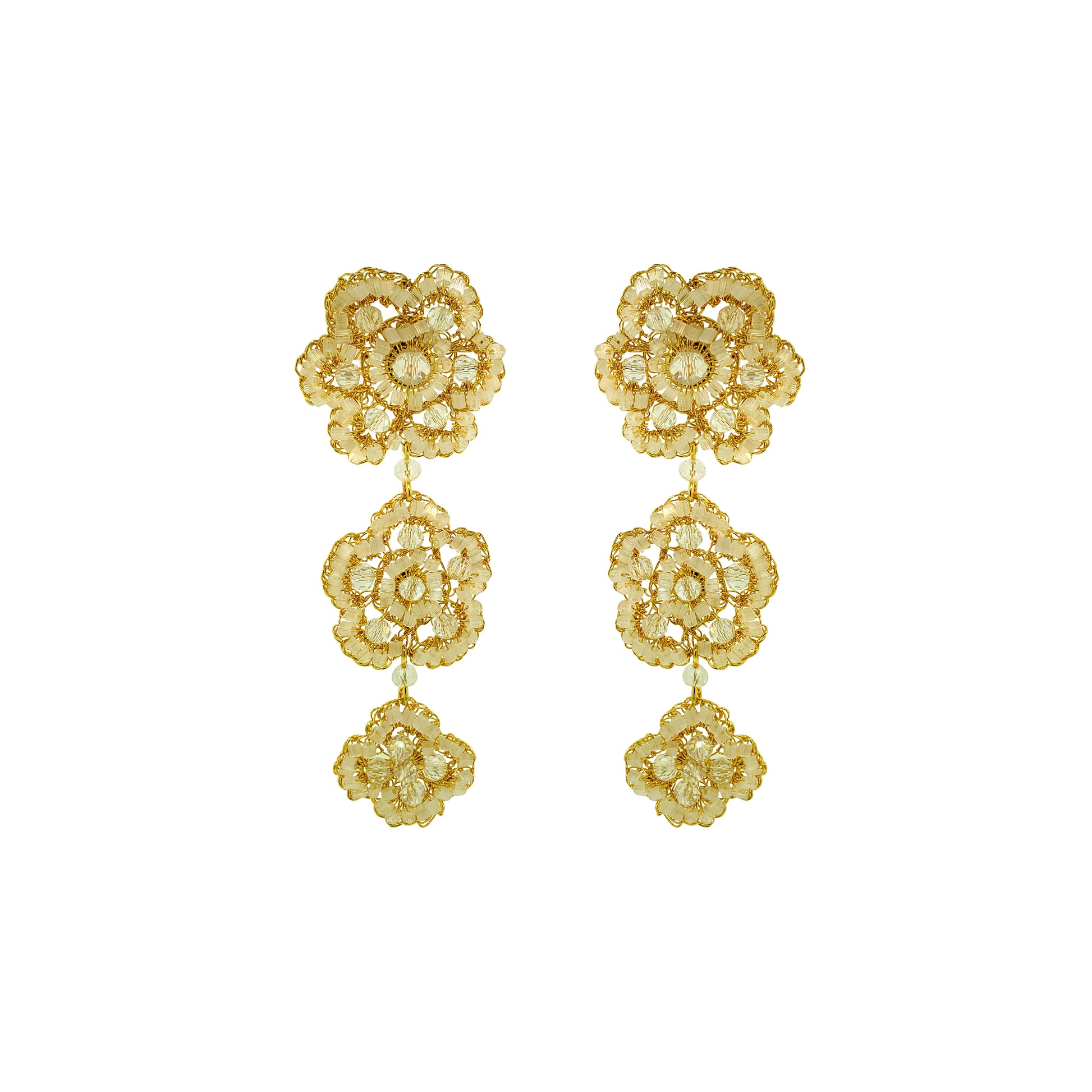 Flower-Triple-Drop-Cream-White-Gold-Poppy-trio-Cascade-Handmade-Crochet-Earrings-18k-gold-filled-wire-hypoallergenic-lightweight-statement-soul-collection