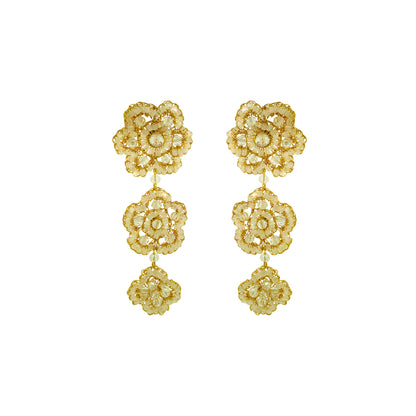 Flower-Triple-Drop-Cream-White-Gold-Poppy-trio-Cascade-Handmade-Crochet-Earrings-18k-gold-filled-wire-hypoallergenic-lightweight-statement-soul-collection