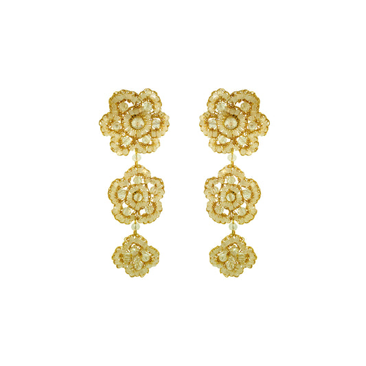 Flower-Triple-Drop-Cream-White-Gold-Poppy-trio-Cascade-Handmade-Crochet-Earrings-18k-gold-filled-wire-hypoallergenic-lightweight-statement-soul-collection
