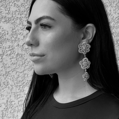 Flower-Triple-Drop-Gold-Poppy-trio-Cascade-Handmade-Crochet-Earrings-18k-gold-filled-wire-hypoallergenic-lightweight-statement-soul-collection-model