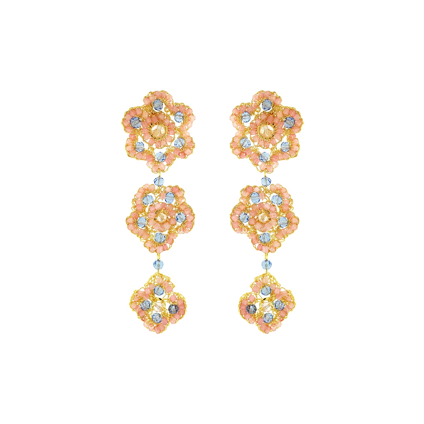 Flower-Triple-Drop-Light-Pink-Blue-Gold-Poppy-trio-Cascade-Handmade-Crochet-Earrings-18k-gold-filled-wire-hypoallergenic-lightweight-statement-soul-collection