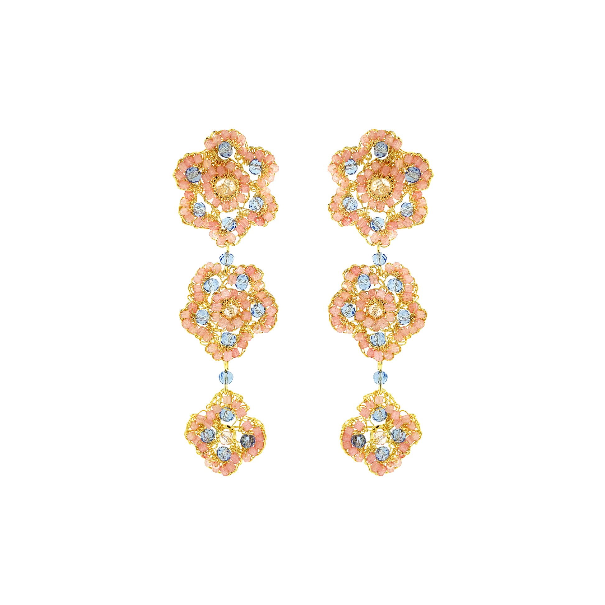 Flower-Triple-Drop-Light-Pink-Blue-Gold-Poppy-trio-Cascade-Handmade-Crochet-Earrings-18k-gold-filled-wire-hypoallergenic-lightweight-statement-soul-collection