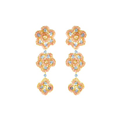 Flower-Triple-Drop-Light-Pink-Blue-Gold-Poppy-trio-Cascade-Handmade-Crochet-Earrings-18k-gold-filled-wire-hypoallergenic-lightweight-statement-soul-collection