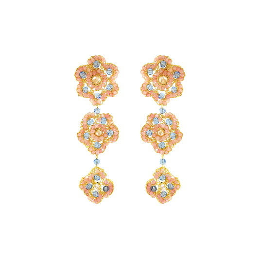 Flower-Triple-Drop-Light-Pink-Blue-Gold-Poppy-trio-Cascade-Handmade-Crochet-Earrings-18k-gold-filled-wire-hypoallergenic-lightweight-statement-soul-collection