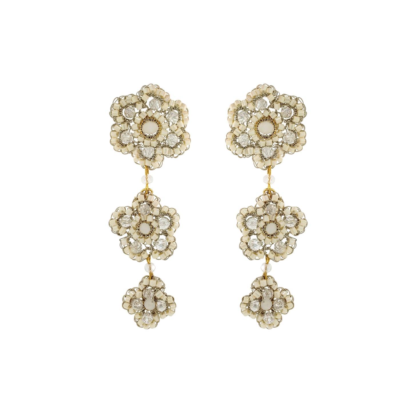 Flower-Triple-Drop-Raffia-Beige-Gold-Poppy-trio-Cascade-Handmade-Crochet-Earrings-18k-gold-filled-wire-hypoallergenic-lightweight-statement-soul-collection