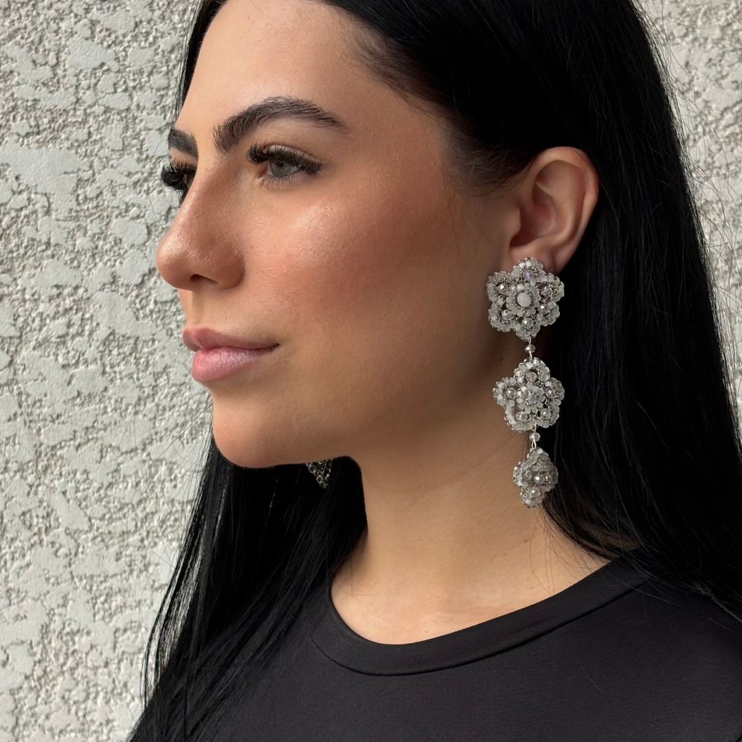 Flower-Triple-Drop-Silver-Poppy-trio-Cascade-Handmade-Crochet-Earrings-18k-gold-filled-wire-hypoallergenic-lightweight-statement-soul-collection-model