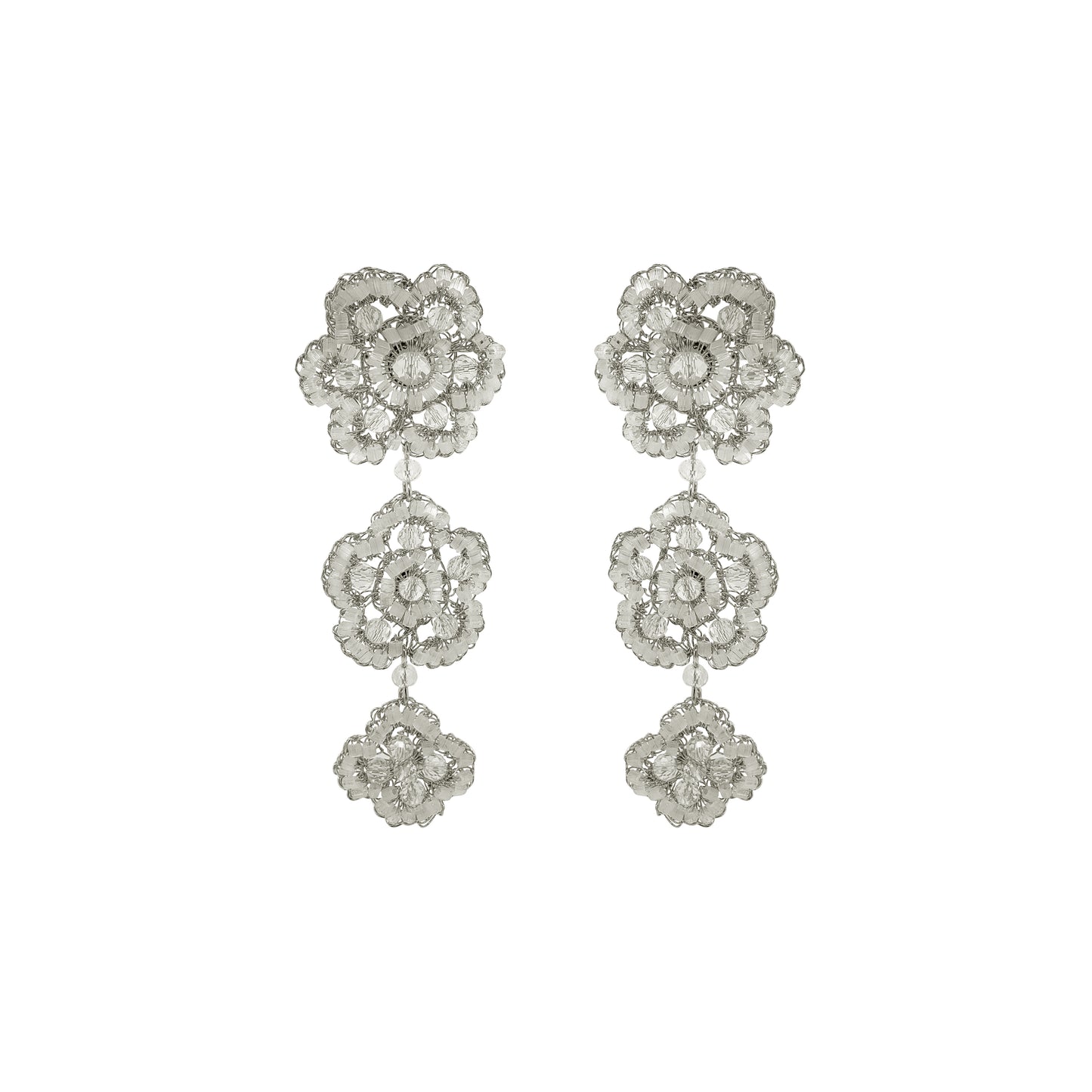 Flower-Triple-Drop-Silver-Poppy-trio-Cascade-Handmade-Crochet-Earrings-18k-gold-filled-wire-hypoallergenic-lightweight-statement-soul-collection