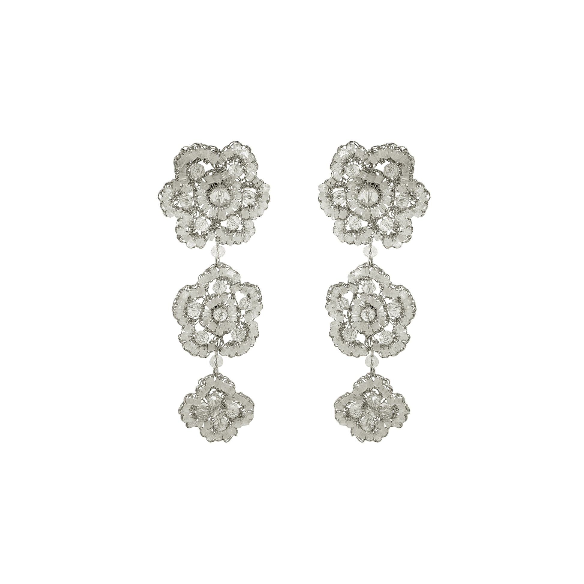 Flower-Triple-Drop-Silver-Poppy-trio-Cascade-Handmade-Crochet-Earrings-18k-gold-filled-wire-hypoallergenic-lightweight-statement-soul-collection