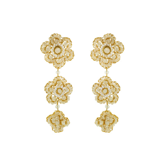 Flower-Triple-Drop-White-Cream-Clear-Gold-Poppy-trio-Cascade-Handmade-Crochet-Earrings-18k-gold-filled-wire-hypoallergenic-lightweight-statement-soul-collection