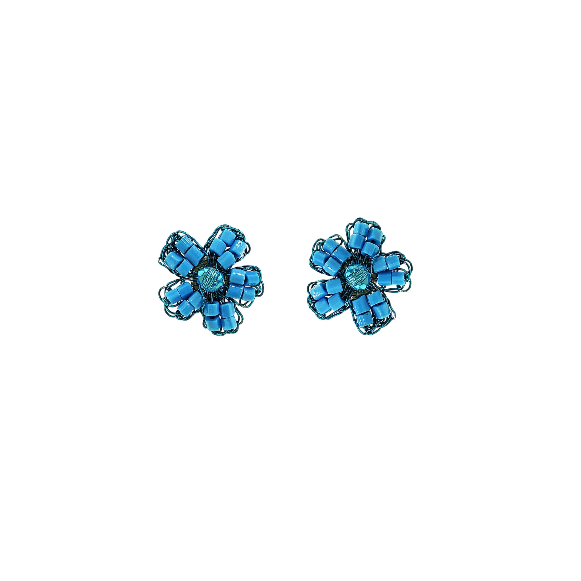 Flower-small-Post-Electric-Blue-Gold-Aster-Mini-Handmade-Crochet-Earrings-18k-gold-filled-wire-hypoallergenic-lightweight-statement-brazilian-soul-collection