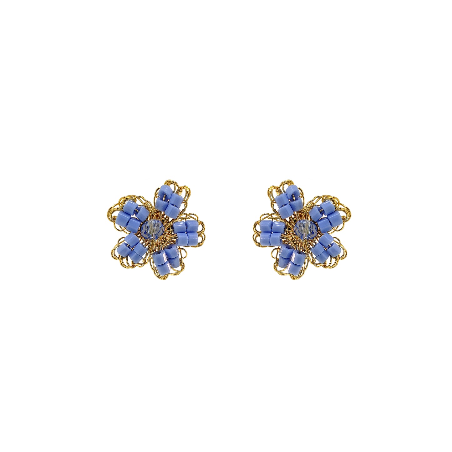Flower-small-Post-Light-Blue-Gold-Aster-Mini-Handmade-Crochet-Earrings-18k-gold-filled-wire-hypoallergenic-lightweight-statement-soul-collection