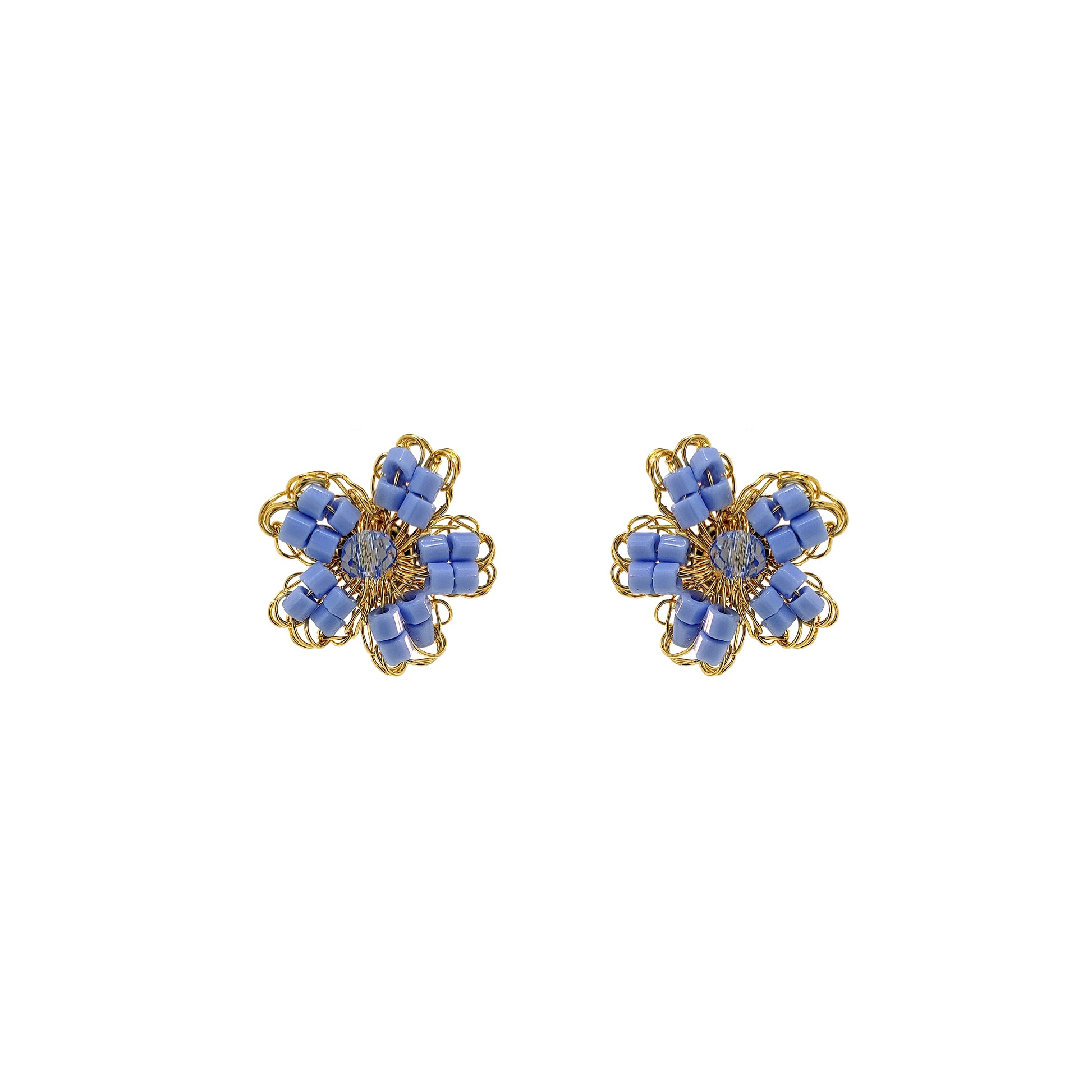 Flower-small-Post-Light-Blue-Gold-Aster-Mini-Handmade-Crochet-Earrings-18k-gold-filled-wire-hypoallergenic-lightweight-statement-soul-collection