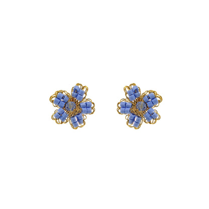 Flower-small-Post-Light-Blue-Gold-Aster-Mini-Handmade-Crochet-Earrings-18k-gold-filled-wire-hypoallergenic-lightweight-statement-soul-collection