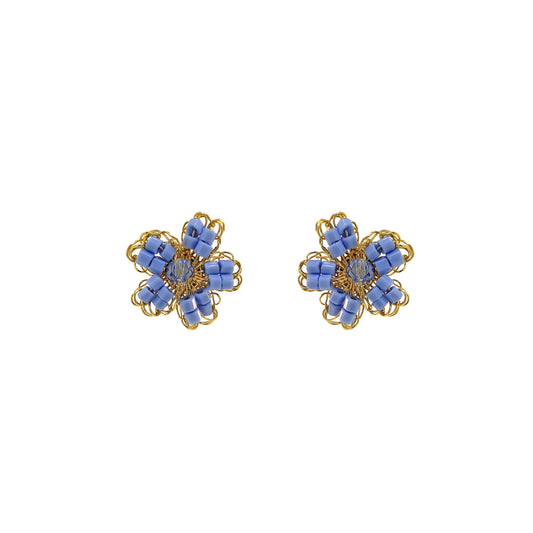 Flower-small-Post-Light-Blue-Gold-Aster-Mini-Handmade-Crochet-Earrings-18k-gold-filled-wire-hypoallergenic-lightweight-statement-soul-collection