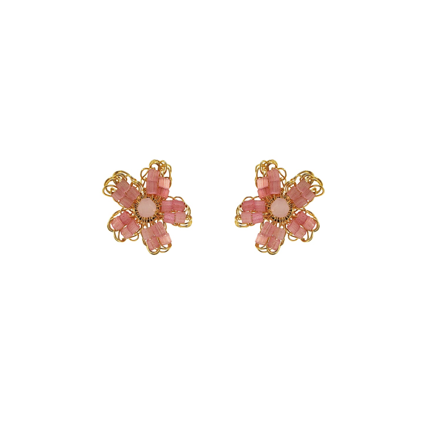 Flower-small-Post-Light-Pink-Gold-Aster-Mini-Handmade-Crochet-Earrings-18k-gold-filled-wire-hypoallergenic-lightweight-statement-soul-collection