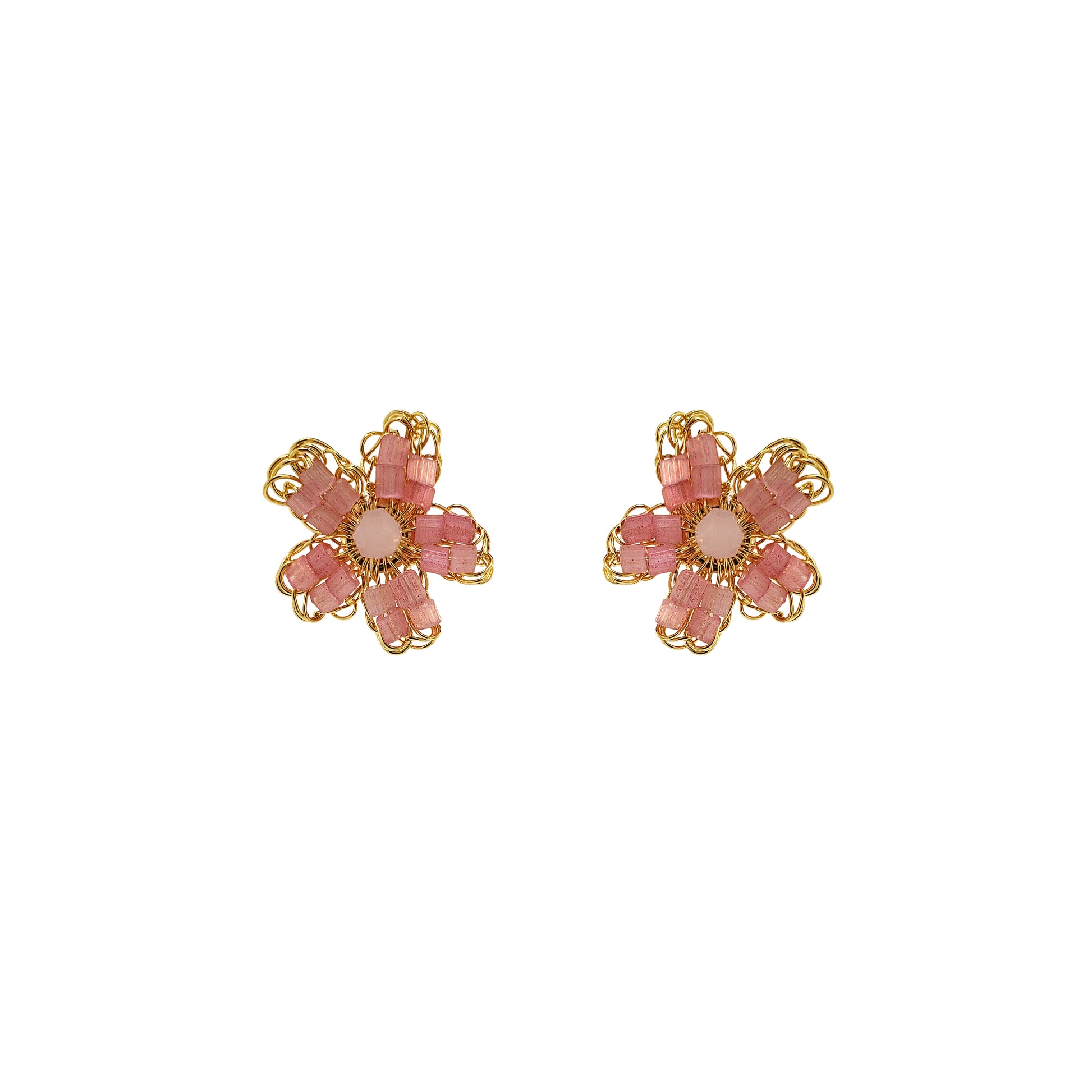Flower-small-Post-Light-Pink-Gold-Aster-Mini-Handmade-Crochet-Earrings-18k-gold-filled-wire-hypoallergenic-lightweight-statement-soul-collection