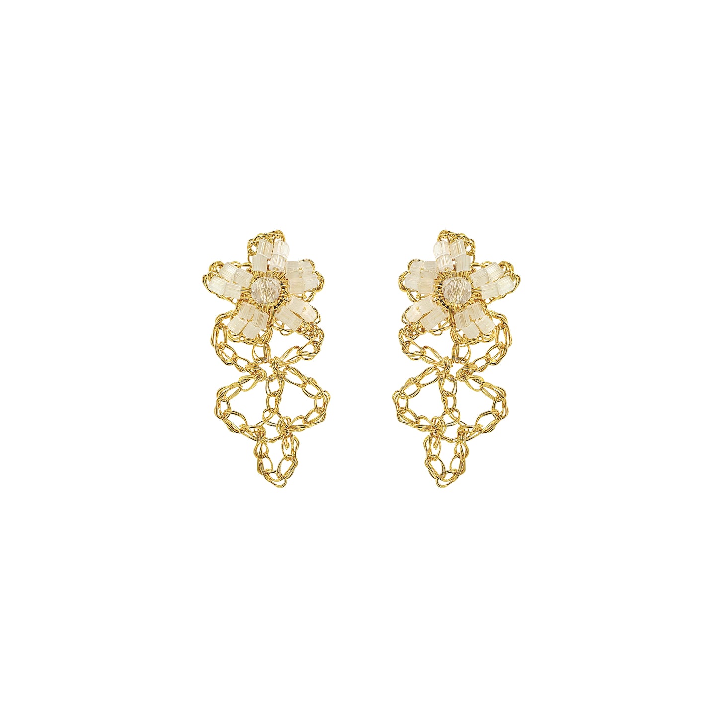 Flower-small-drop-Cream-White-Gold-Aster-Drop-Handmade-Crochet-Earrings-18k-gold-filled-wire-hypoallergenic-lightweight-statement-soul-collection