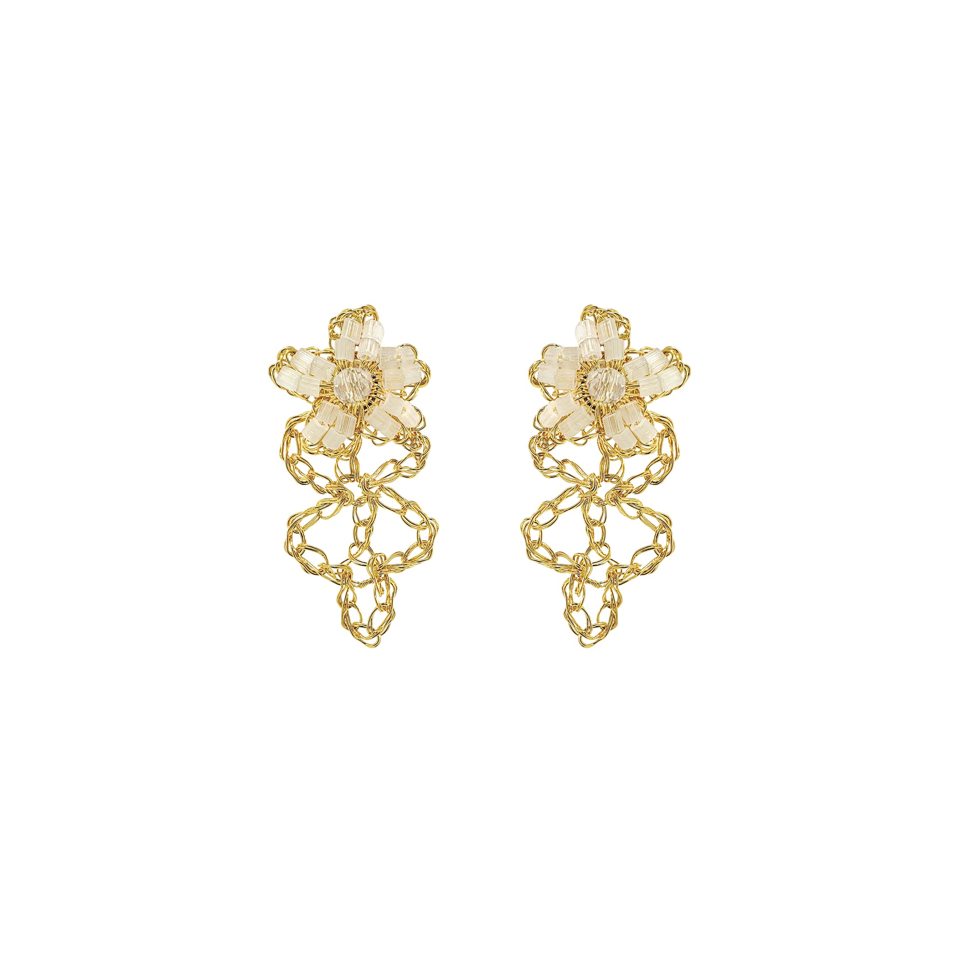 Flower-small-drop-Cream-White-Gold-Aster-Drop-Handmade-Crochet-Earrings-18k-gold-filled-wire-hypoallergenic-lightweight-statement-soul-collection