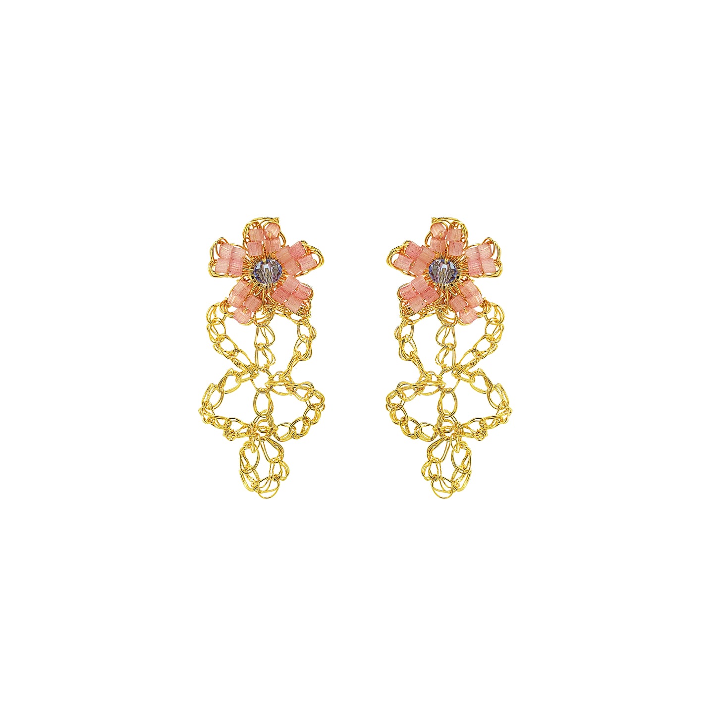Flower-small-drop-Light-Pink-Blue-Gold-Aster-Drop-Handmade-Crochet-Earrings-18k-gold-filled-wire-hypoallergenic-lightweight-statement-soul-collection