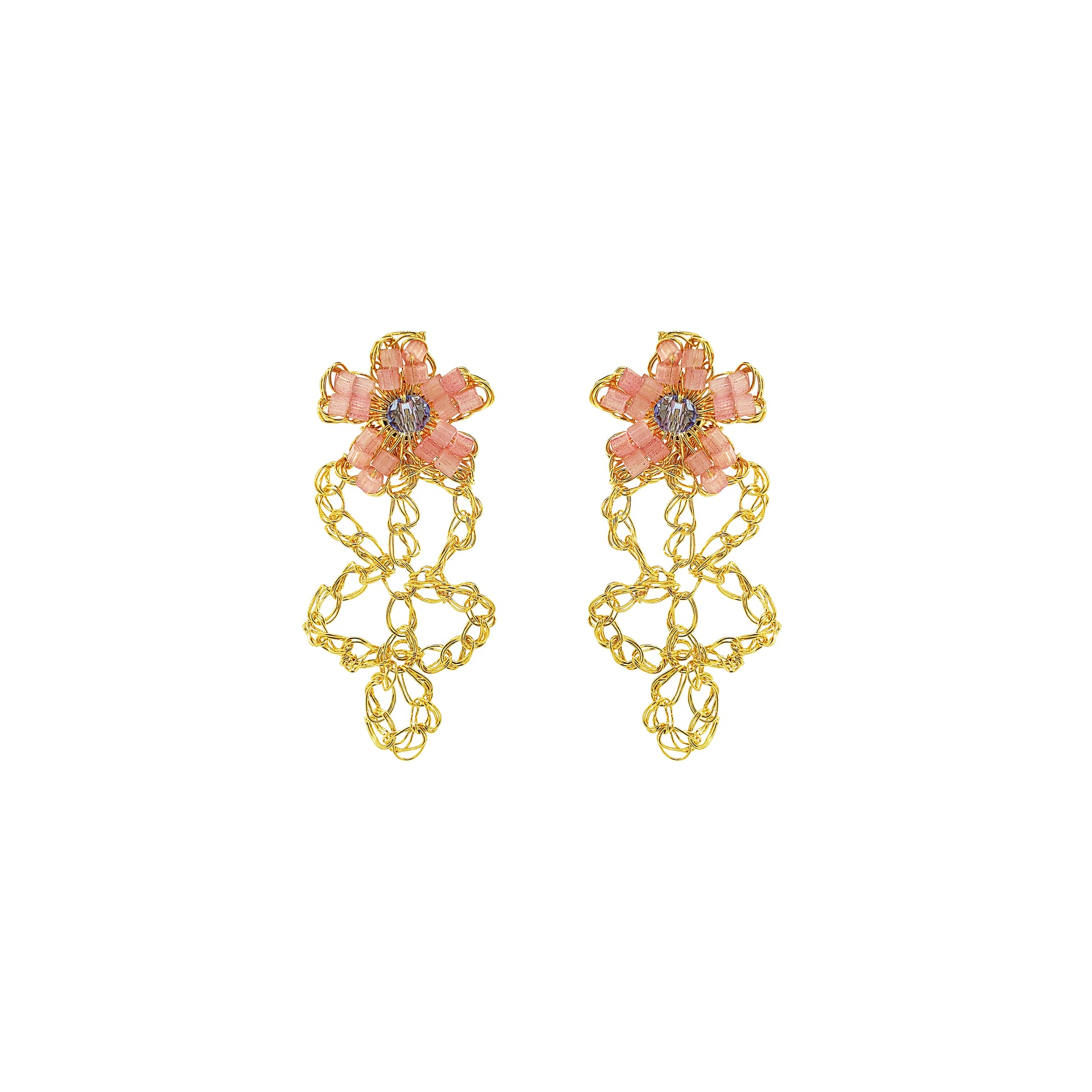 Flower-small-drop-Light-Pink-Blue-Gold-Aster-Drop-Handmade-Crochet-Earrings-18k-gold-filled-wire-hypoallergenic-lightweight-statement-soul-collection