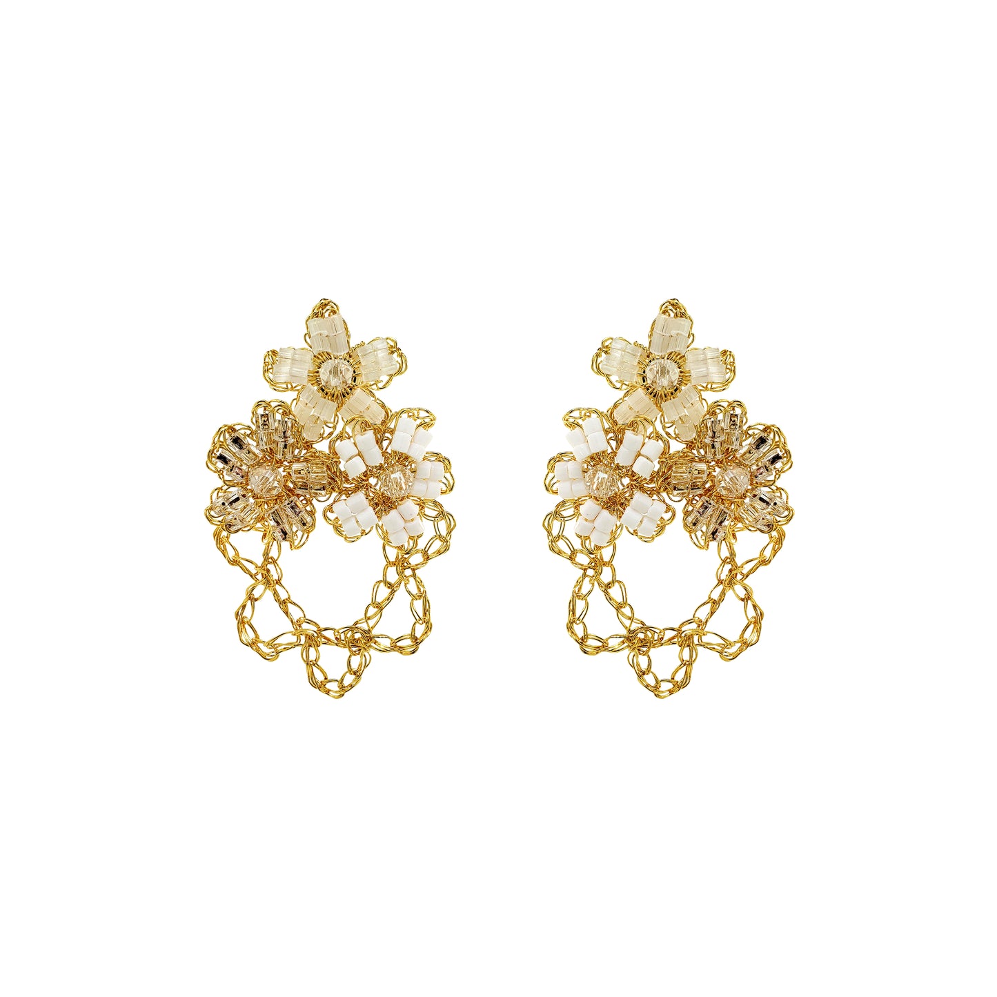 Flower-trio-drop-Cream-White-Clear-Gold-Aster-Trio-Handmade-Crochet-Earrings-18k-gold-filled-wire-hypoallergenic-lightweight-statement-soul-collection