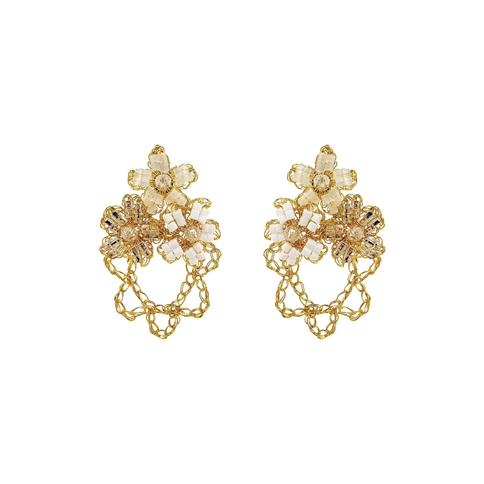 Flower-trio-drop-Cream-White-Clear-Gold-Aster-Trio-Handmade-Crochet-Earrings-18k-gold-filled-wire-hypoallergenic-lightweight-statement-soul-collection