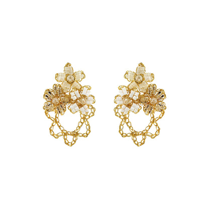 Flower-trio-drop-Cream-White-Clear-Gold-Aster-Trio-Handmade-Crochet-Earrings-18k-gold-filled-wire-hypoallergenic-lightweight-statement-soul-collection