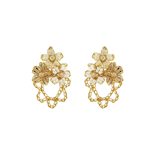 Flower-trio-drop-Cream-White-Clear-Gold-Aster-Trio-Handmade-Crochet-Earrings-18k-gold-filled-wire-hypoallergenic-lightweight-statement-soul-collection