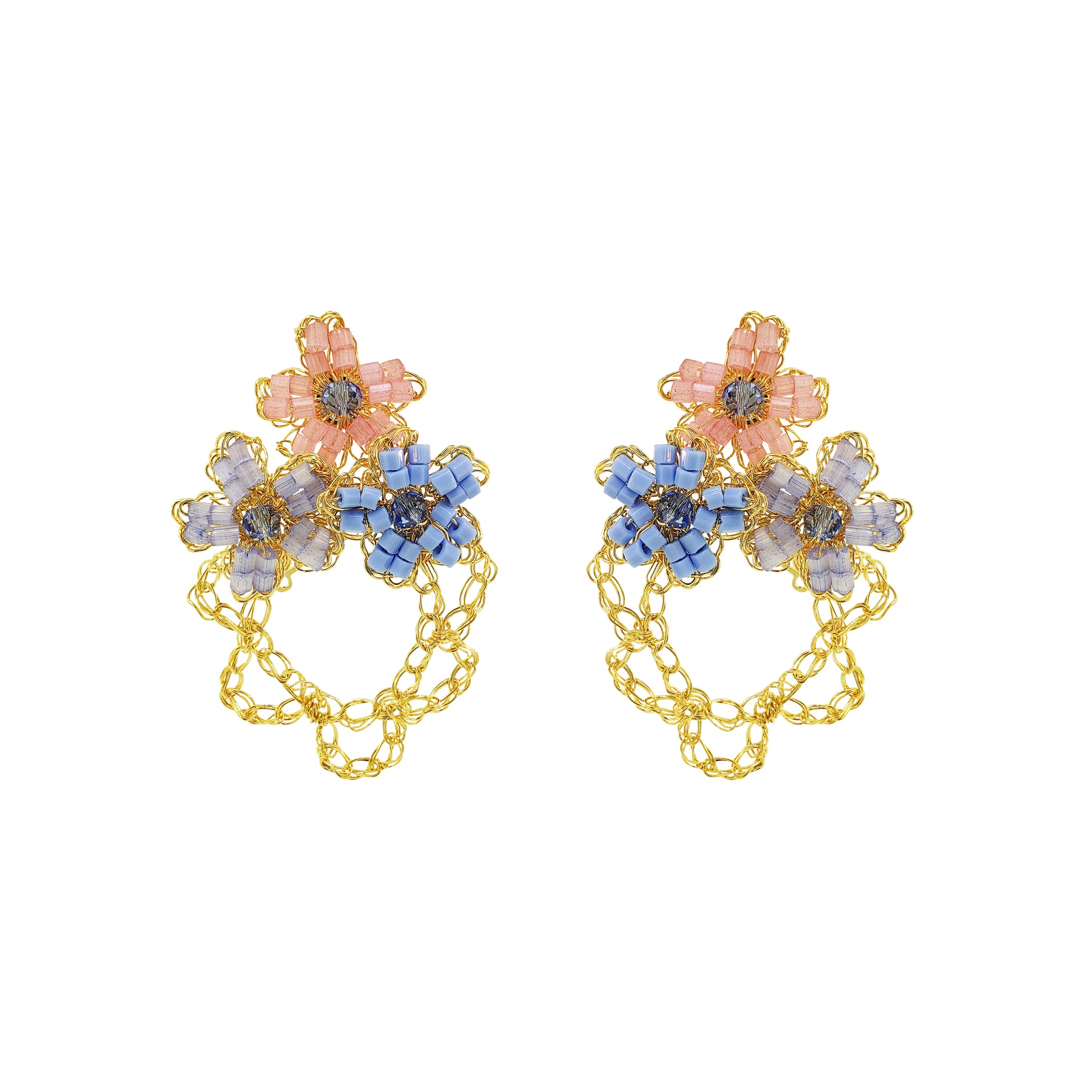 Flower-trio-drop-Light-Pink-Blue-Gold-Aster-Trio-Handmade-Crochet-Earrings-18k-gold-filled-wire-hypoallergenic-lightweight-statement-soul-collection