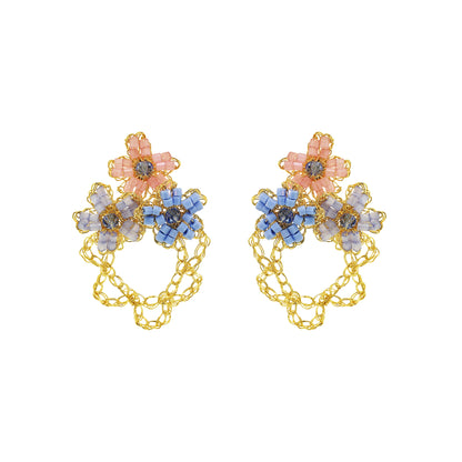 Flower-trio-drop-Light-Pink-Blue-Gold-Aster-Trio-Handmade-Crochet-Earrings-18k-gold-filled-wire-hypoallergenic-lightweight-statement-soul-collection