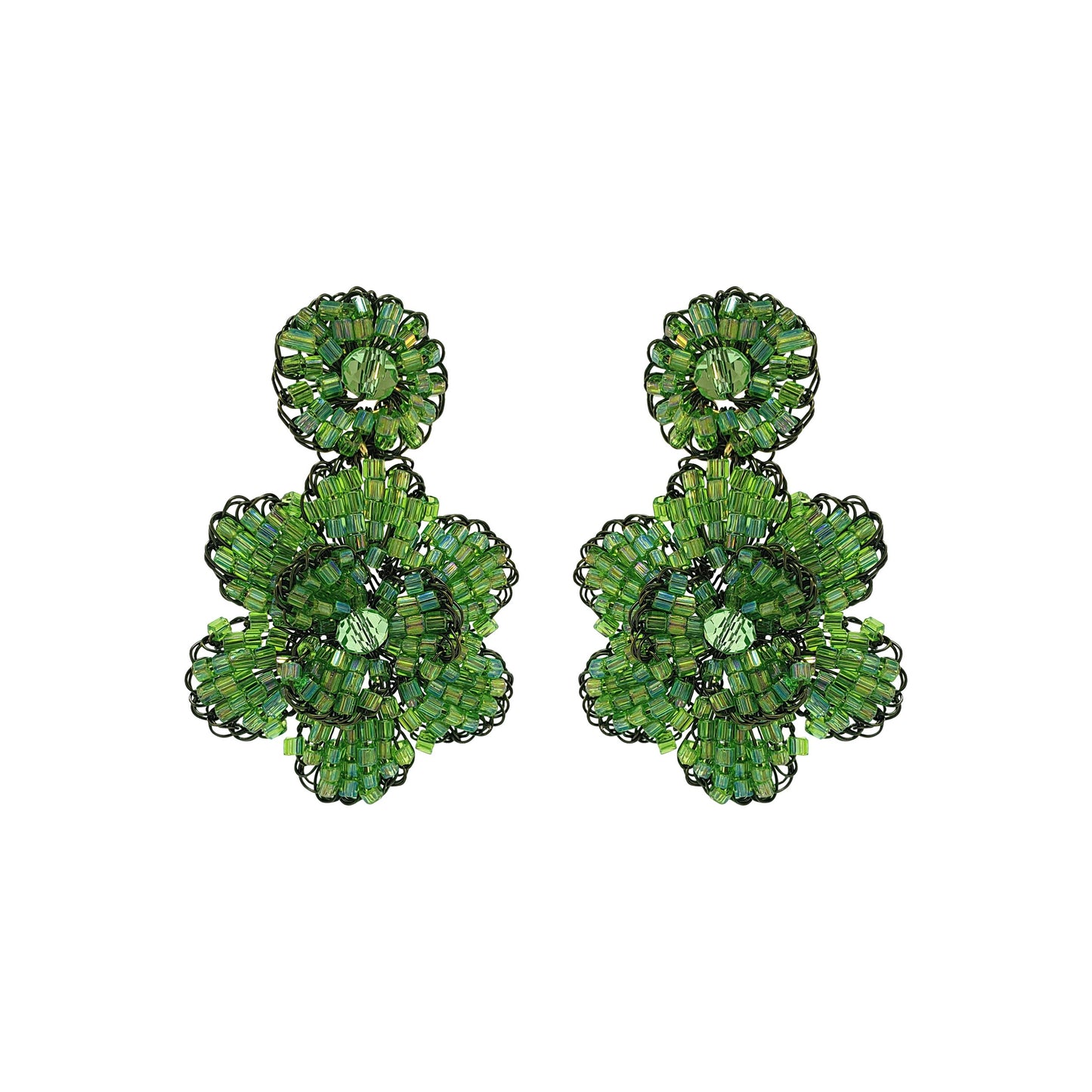 A pair of neon green mini blossom handcrafted crochet earrings with a black enameled wire base. Mini floral hand-crocheted dangle earrings handmade in Brazil with shiny enameled wire and sparkling forest green bead accents.