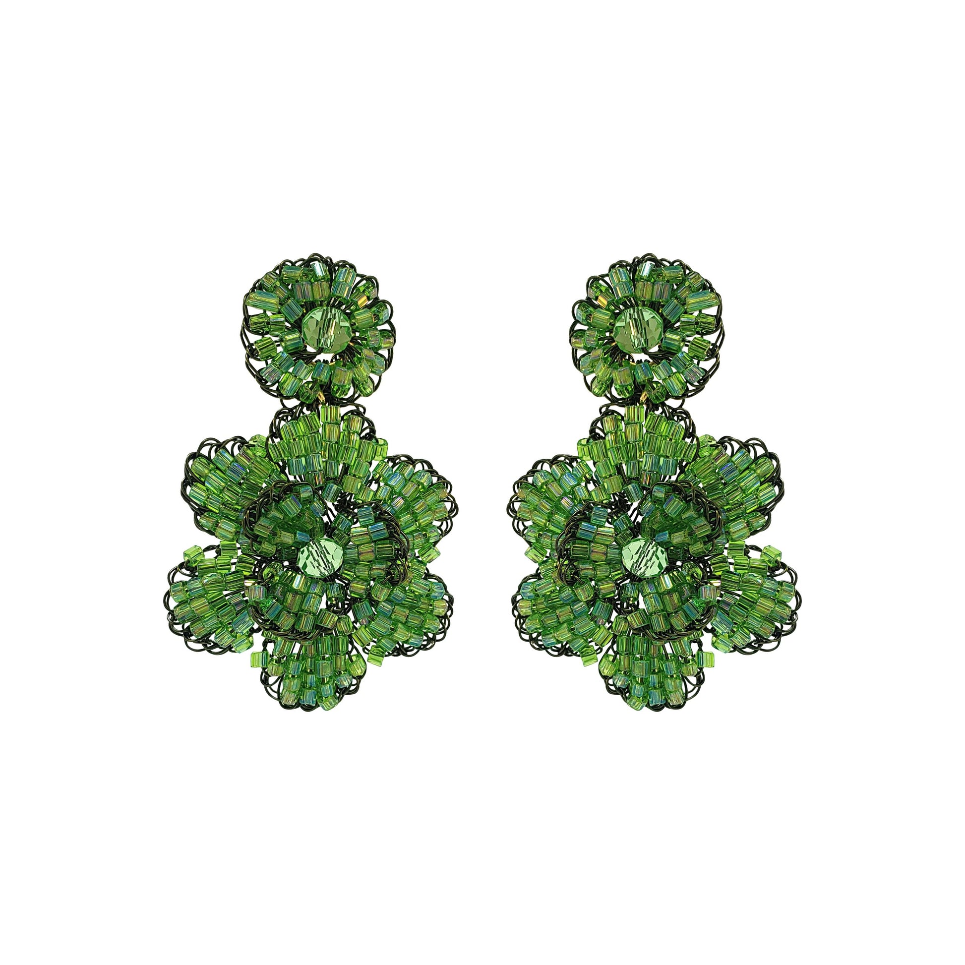 A pair of neon green mini blossom handcrafted crochet earrings with a black enameled wire base. Mini floral hand-crocheted dangle earrings handmade in Brazil with shiny enameled wire and sparkling forest green bead accents.
