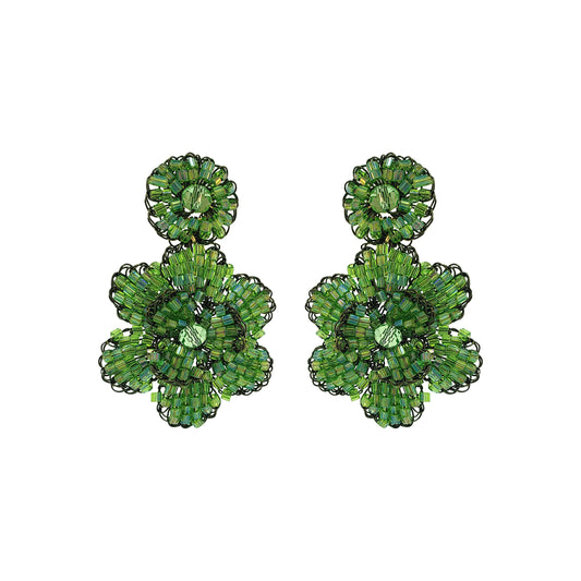 A pair of neon green mini blossom handcrafted crochet earrings with a black enameled wire base. Mini floral hand-crocheted dangle earrings handmade in Brazil with shiny enameled wire and sparkling forest green bead accents.