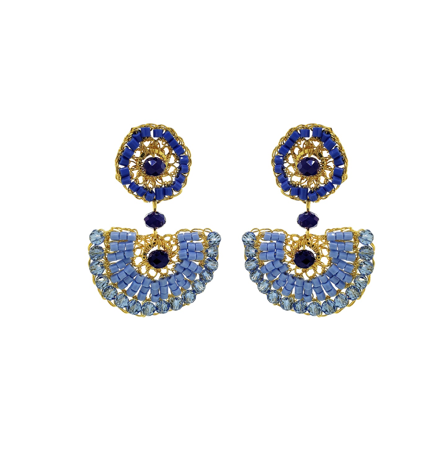 Half-Mandala-Blue-Gold-Mystra-Dangle-Handmade-Crochet-Earrings-18k-gold-filled-wire-hypoallergenic-lightweight-statement-soul-collection