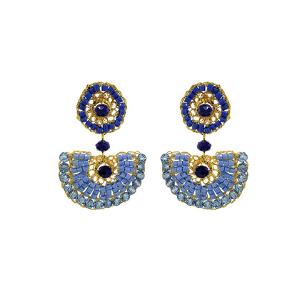 Half-Mandala-Blue-Gold-Mystra-Dangle-Handmade-Crochet-Earrings-18k-gold-filled-wire-hypoallergenic-lightweight-statement-soul-collection