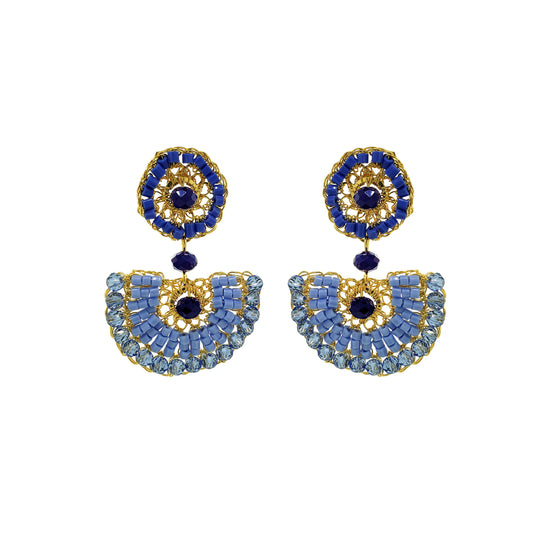 Half-Mandala-Blue-Gold-Mystra-Dangle-Handmade-Crochet-Earrings-18k-gold-filled-wire-hypoallergenic-lightweight-statement-soul-collection