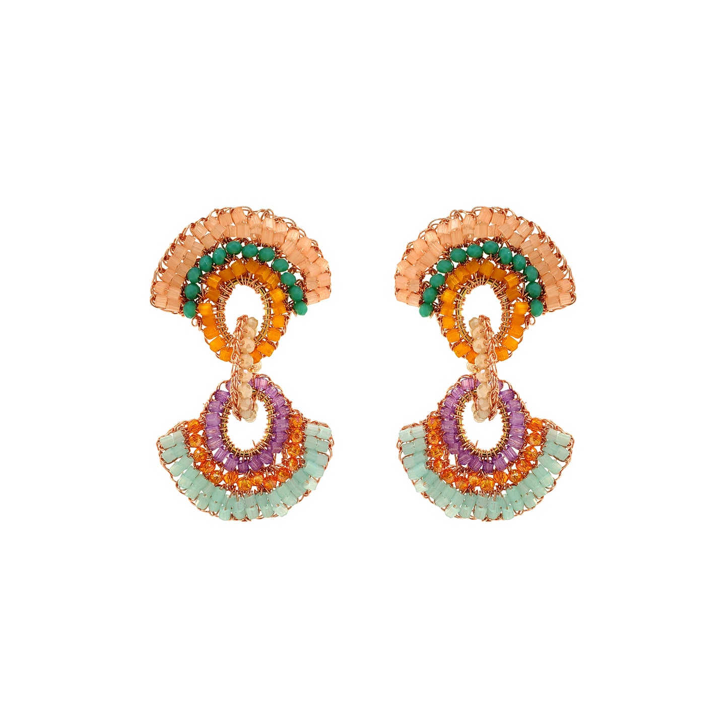Half-Mandala-Interlock-Links-Green-Pink-Purple-Orange-Gold-Hannah-Handmade-Crochet-Earrings-Dangle-18k-gold-filled-wire-hypoallergenic-lightweight-statement-brazilian-soul-collection