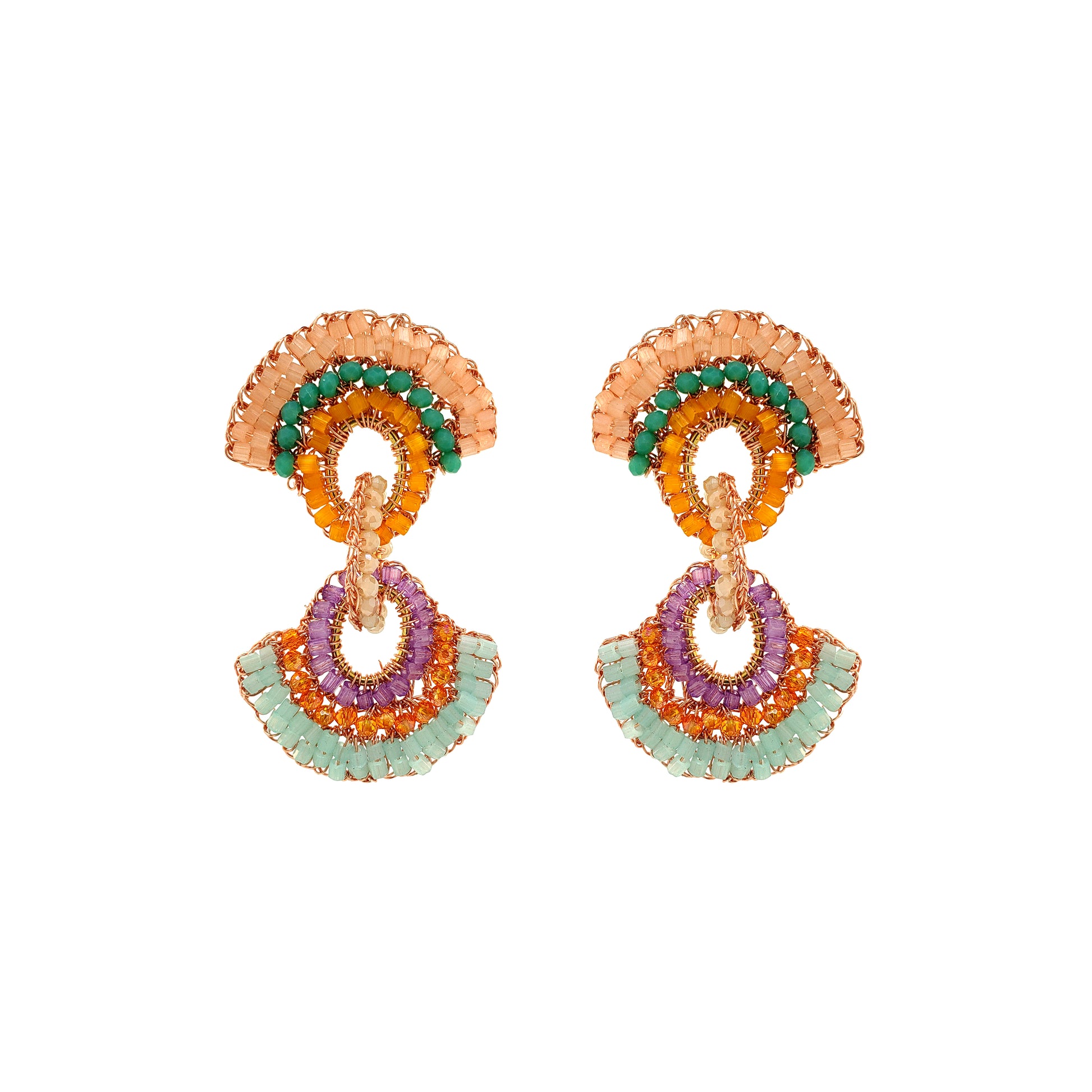 Half-Mandala-Interlock-Links-Green-Pink-Purple-Orange-Gold-Hannah-Handmade-Crochet-Earrings-Dangle-18k-gold-filled-wire-hypoallergenic-lightweight-statement-brazilian-soul-collection