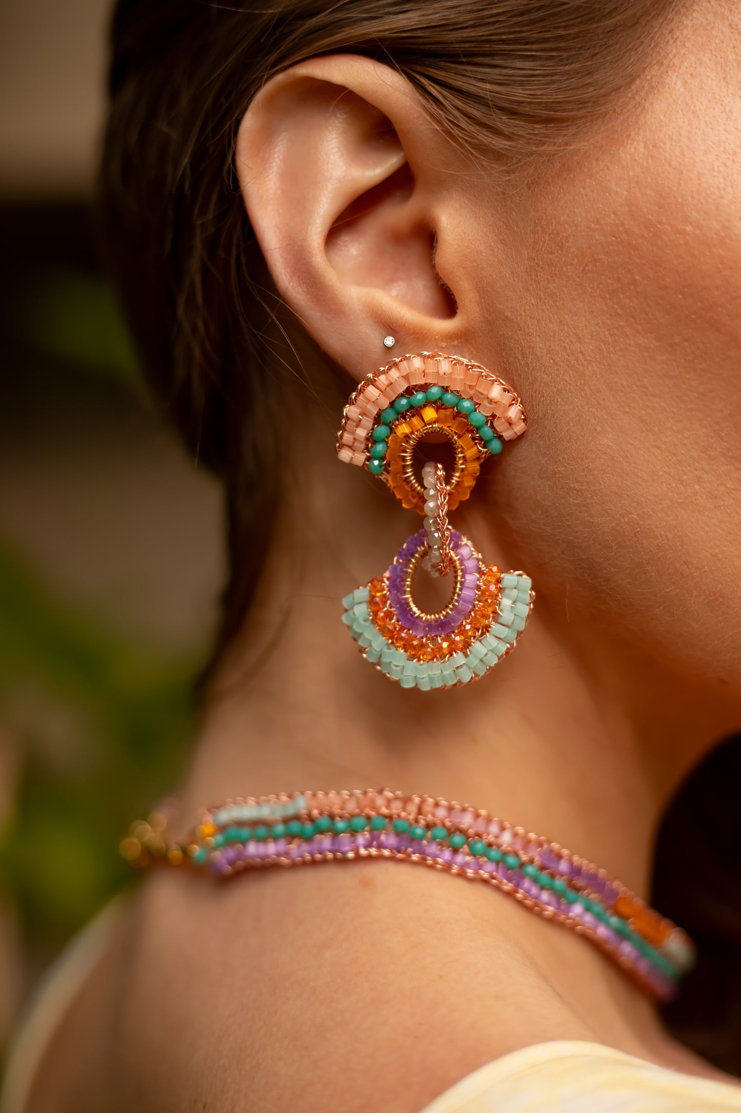 Half-Mandala-Interlock-Links-Green-Pink-Purple-Orange-Gold-Hannah-Handmade-Crochet-Earrings-Necklace-model-18k-gold-filled-wire-hypoallergenic-lightweight-statement-brazilian-soul-collection