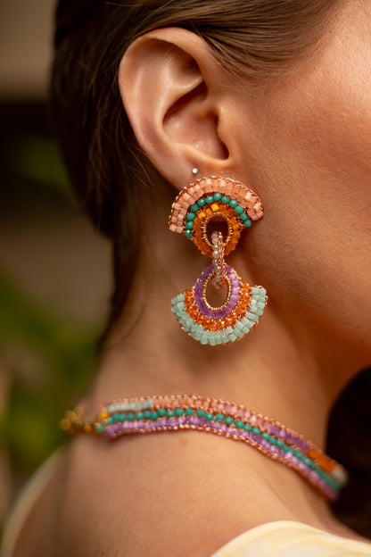 Half-Mandala-Interlock-Links-Green-Pink-Purple-Orange-Gold-Hannah-Handmade-Crochet-Earrings-Necklace-model-18k-gold-filled-wire-hypoallergenic-lightweight-statement-brazilian-soul-collection