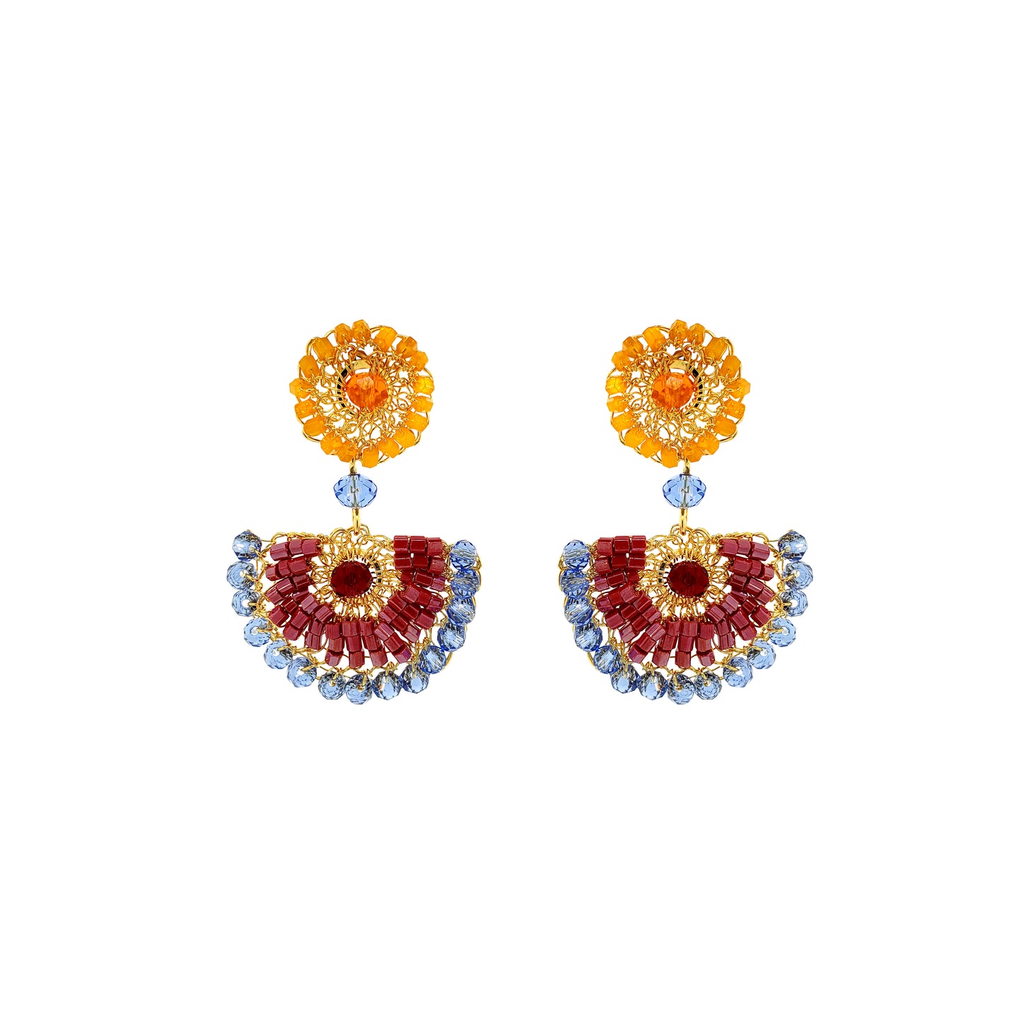 Half-Mandala-Red-Orange-Blue-Gold-Mystra-Dangle-Handmade-Crochet-Earrings-18k-gold-filled-wire-hypoallergenic-lightweight-statement-soul-collection