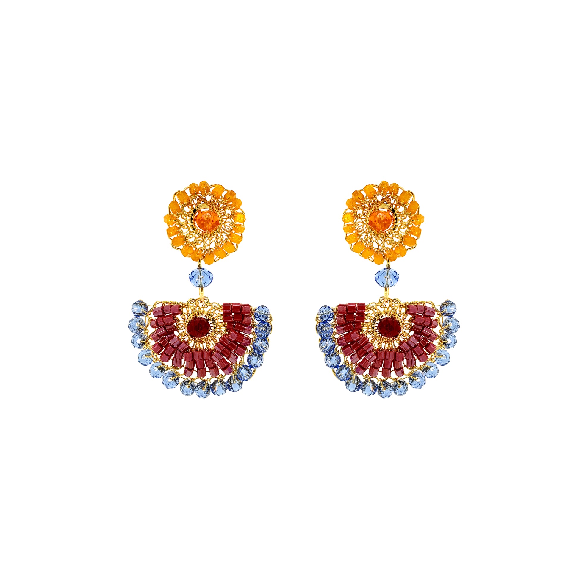 Half-Mandala-Red-Orange-Blue-Gold-Mystra-Dangle-Handmade-Crochet-Earrings-18k-gold-filled-wire-hypoallergenic-lightweight-statement-soul-collection