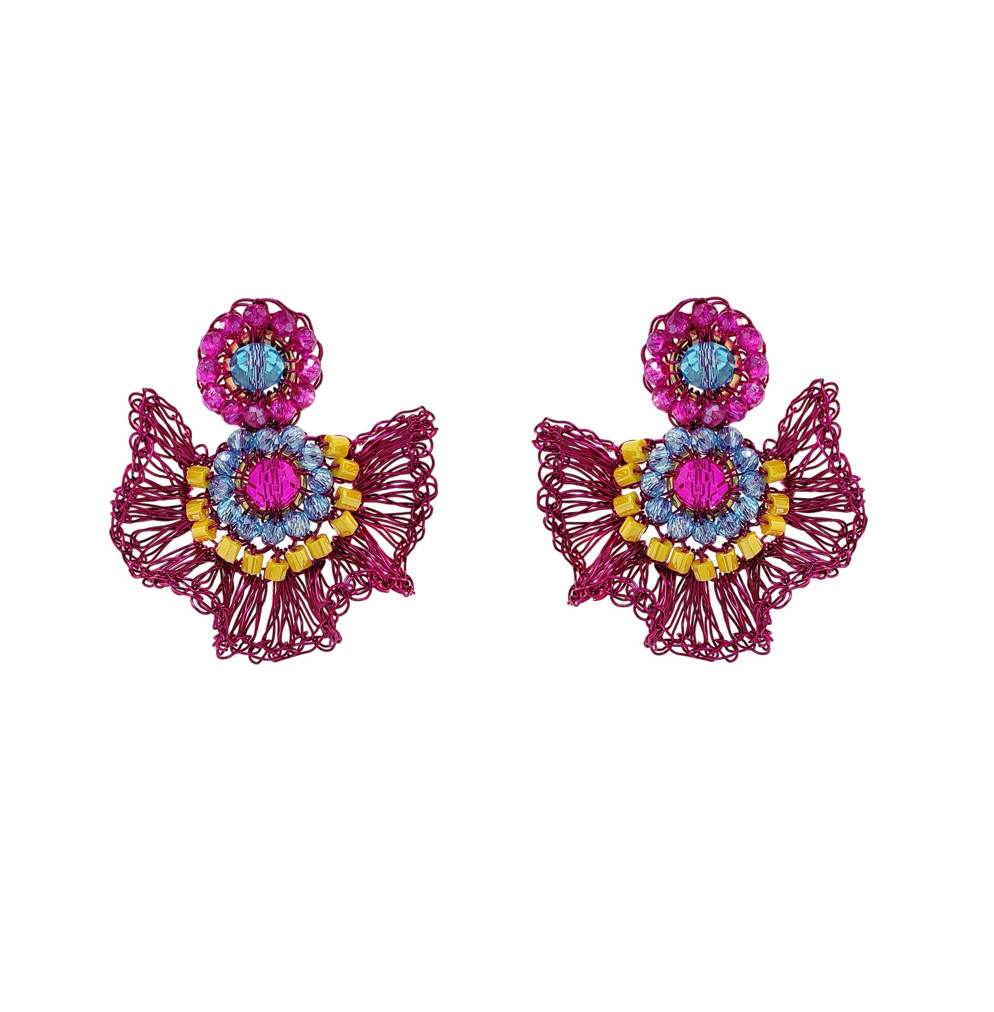 Half-Mandala-Ruffled-Blue-Yellow-Fuchsia-Gold-Lia-Mini-Handmade-Crochet-Earrings-18k-gold-filled-wire-hypoallergenic-lightweight-statement-brazilian-soul-collection