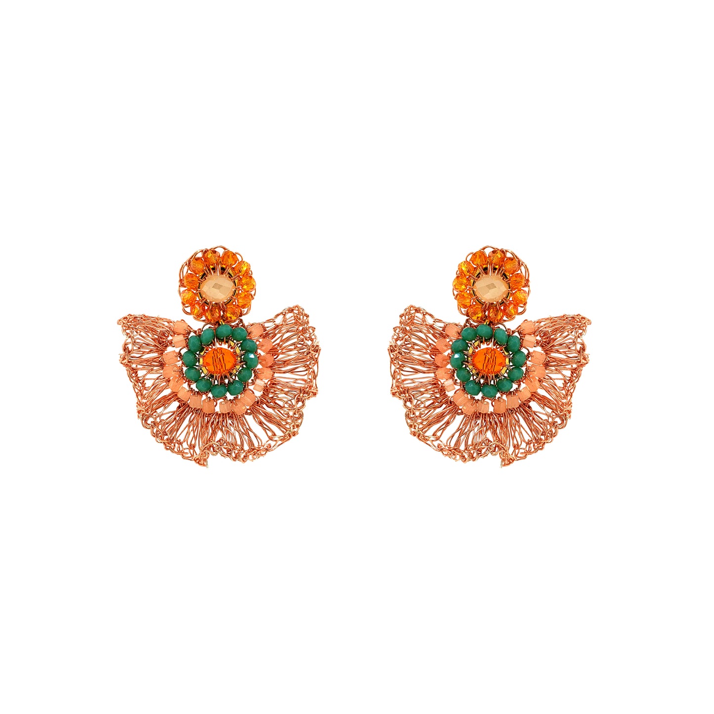 Half-Mandala-Ruffled-Green-Orange-Beige-Gold-Lia-Mini-Handmade-Crochet-Earrings-18k-gold-filled-wire-hypoallergenic-lightweight-statement-brazilian-soul-collection