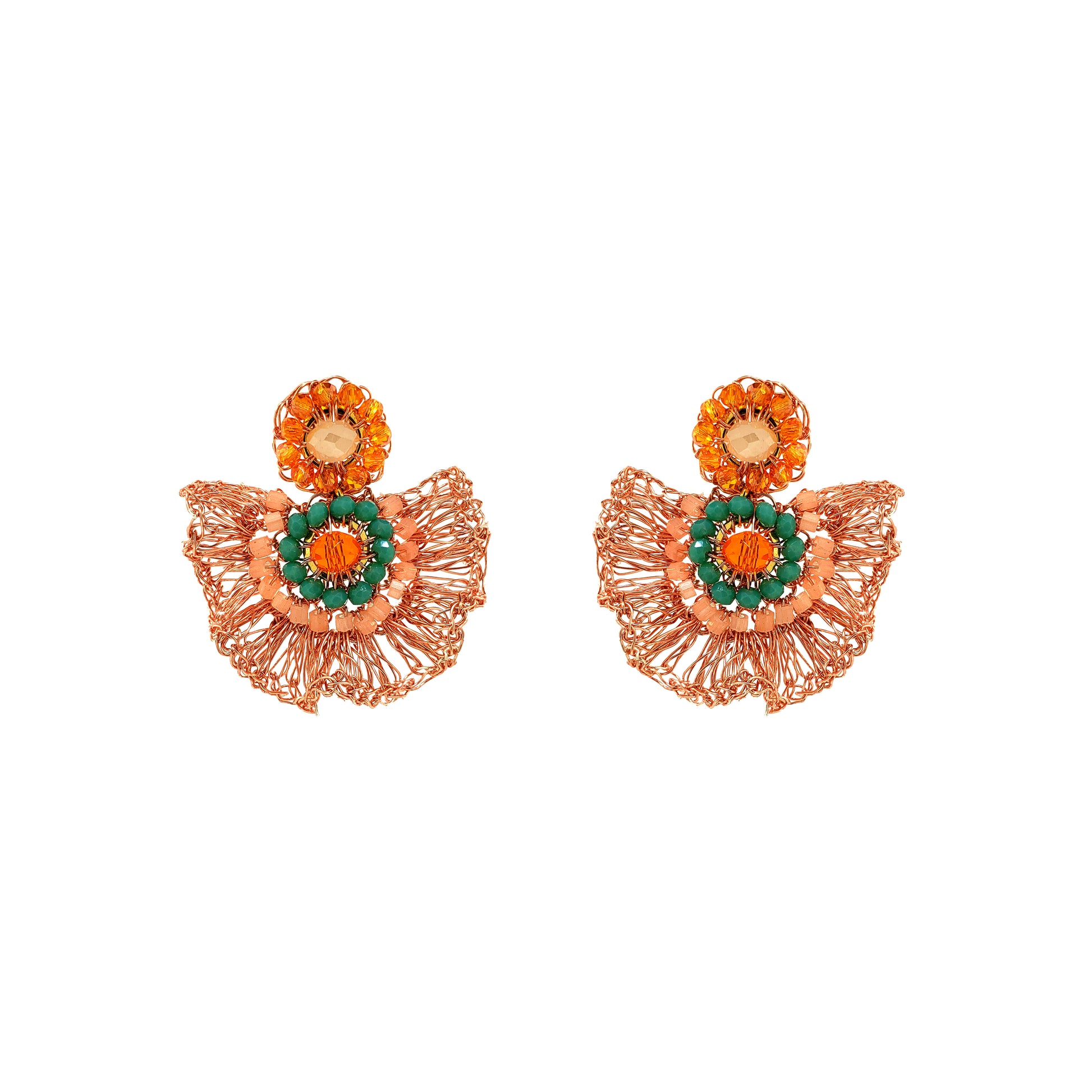 Half-Mandala-Ruffled-Green-Orange-Beige-Gold-Lia-Mini-Handmade-Crochet-Earrings-18k-gold-filled-wire-hypoallergenic-lightweight-statement-brazilian-soul-collection