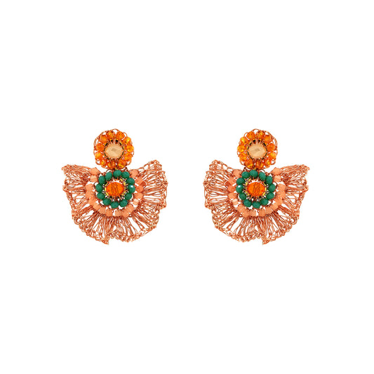 Half-Mandala-Ruffled-Green-Orange-Beige-Gold-Lia-Mini-Handmade-Crochet-Earrings-18k-gold-filled-wire-hypoallergenic-lightweight-statement-brazilian-soul-collection