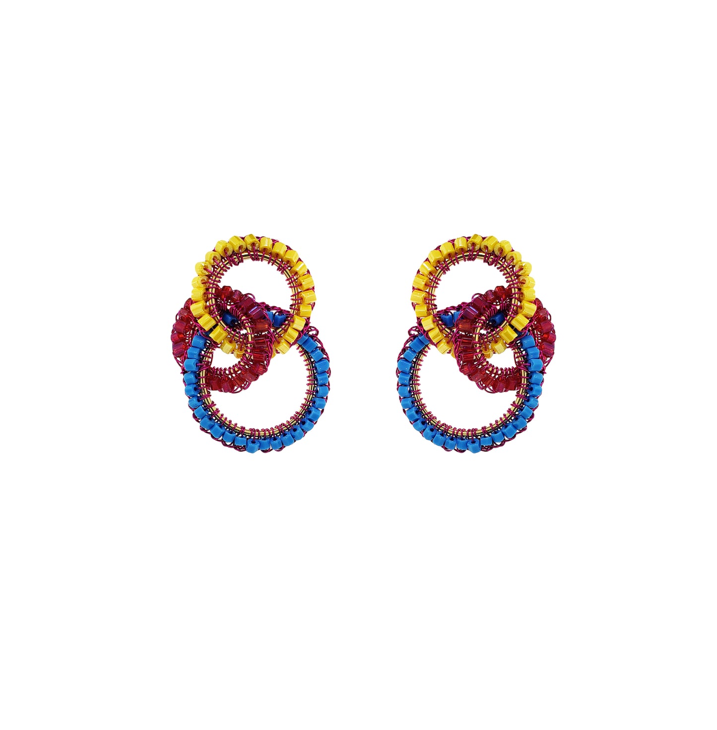 Interlock-Links-Blue-Yellow-Fuchsia-Gold-Leah-Trio-Handmade-Crochet-Earrings-18k-gold-filled-wire-hypoallergenic-lightweight-statement-brazilian-soul-collection